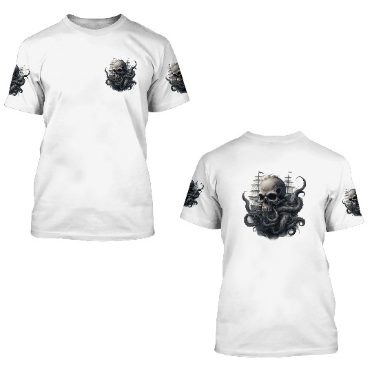 Giant squid kraken skull ship 3D T Shirts