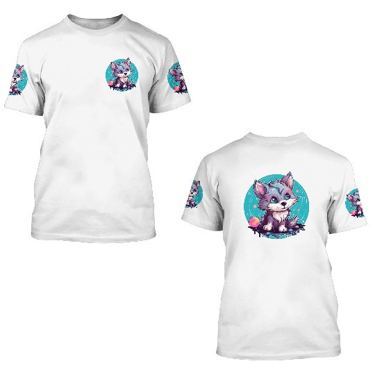 Digital Art Fox Sitting on Rock Crescent Moon 3D T Shirts