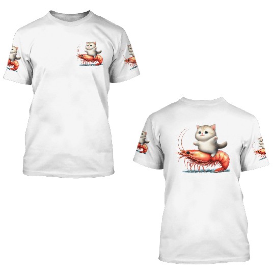 Cat rides on shrimp 3D T Shirts