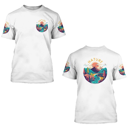 Nature circular graphic with mountains, trees and 3D T Shirts