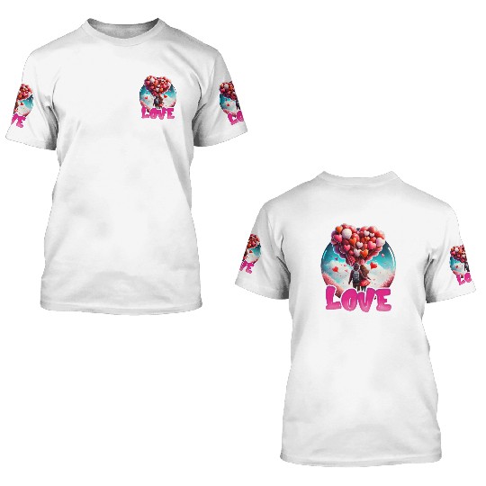 Retro Cute Couples with Heart Balloons 3D T Shirts