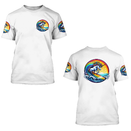 Surfing Unicorn on Rainbow Wave 3D T Shirts