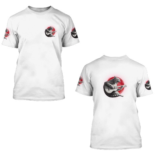Rock Cat Playing Guitar 3D T Shirts under the red moon