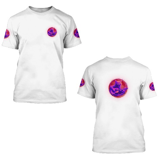 Rock Cat Playing Guitar 3D T Shirts under the red moon