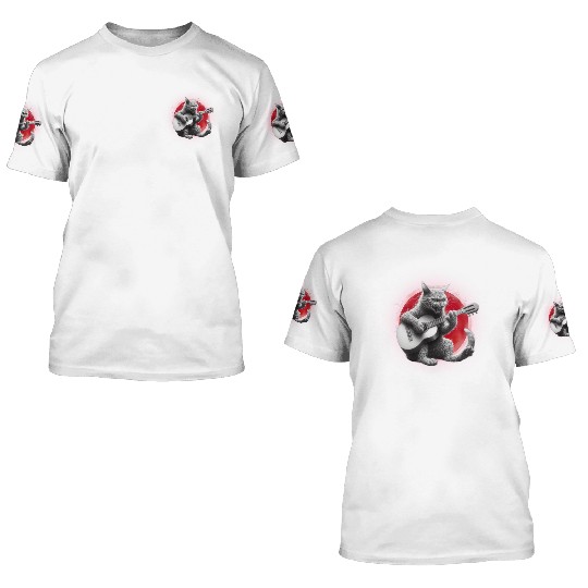 Rock Cat Playing Guitar 3D T Shirts under the red moon