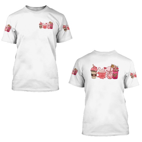 Valentines Day Pink Coffee Cups Latte Iced Cream 3D T Shirts