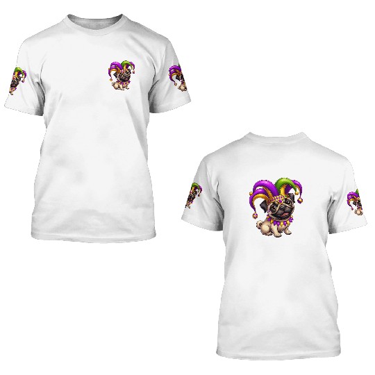 Mardi Gras Pug with Jester Hat 3D T Shirts