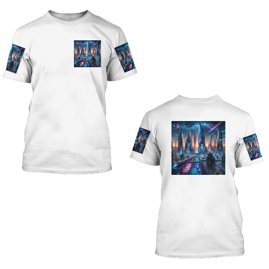 Future Metropolis Neon Cityscape at Night 3D T Shirts