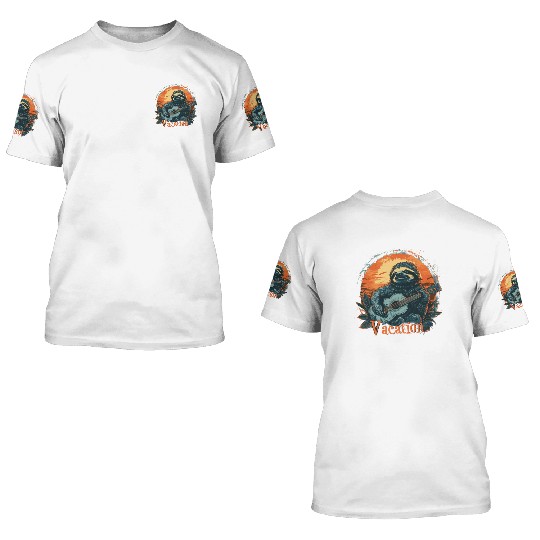 Tropical Sloth Guitar Vacation Sunset Beach 3D T Shirts