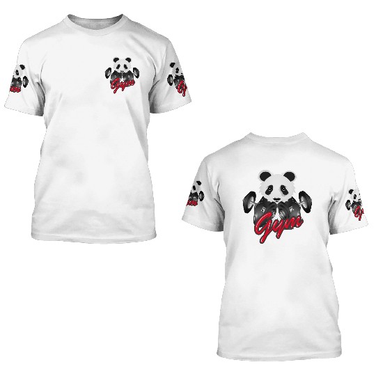 Bodybuilder panda bear with barbell in gym 3D T Shirts