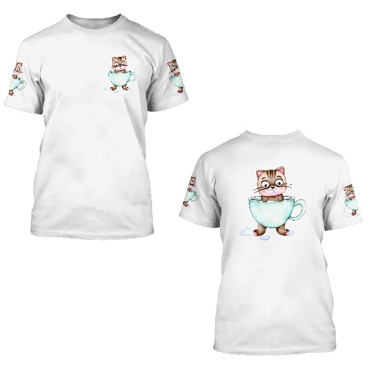 Surprised Silly Cat Wearing Coffee Cup 3D T Shirts