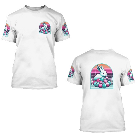 Synthwave Easter Bunny with Eggs 3D T Shirts