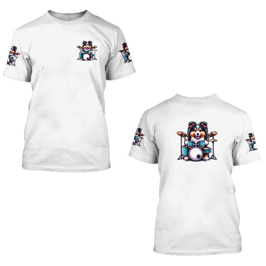 Cool Sheltie Puppy Drummer Design 3D T Shirts