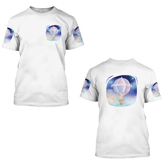 Giraffe And Child Flying Sky Using Hot Balloon 3D T Shirts