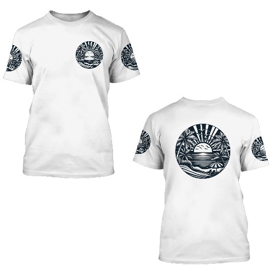 Vacation summer sun beach palms silhouette 3D T Shirts