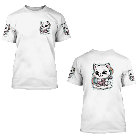 Cute White Cat Playing Guitar on Cloud - Rainbows 3D T Shirts