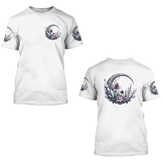 Crescent moon in silver, with crystals and flowers 3D T Shirts