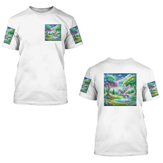 Enchanted Rainbow Unicorn Over Sparkling Pond 3D T Shirts