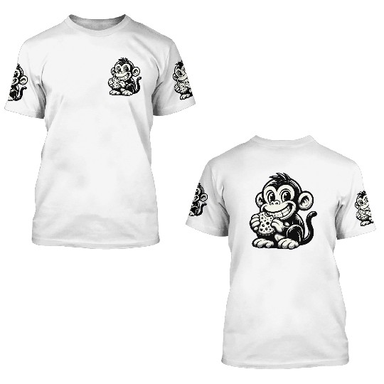 Chimpanzee with Cookie Monochrome Design 3D T Shirts