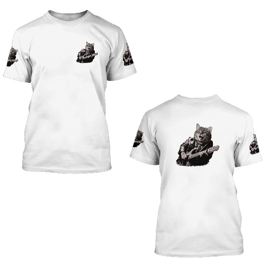 Rocker Cat Playing Guitar Instruments Meow 3D T Shirts
