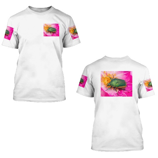 Green Figeater Beetle On Pink Flower 3D T Shirts
