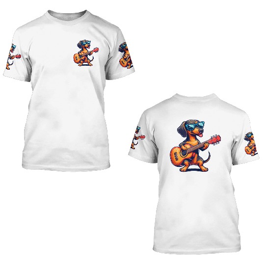 Cute Dachshund Guitar Player Sunglasses 3D T Shirts
