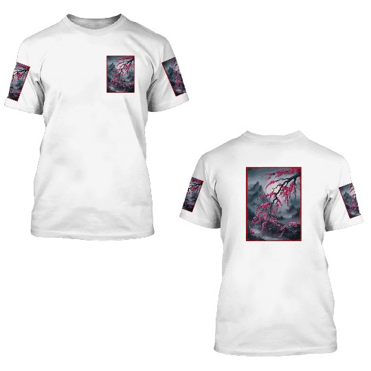 Vintage Cherry Blossom Landscape Graphical 3D T Shirts