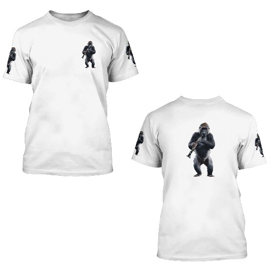 Gorilla Playing Clarinet Realistic 3D T Shirts