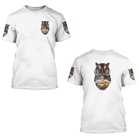 Tiger Eating Ramen Realistic 3D T Shirts