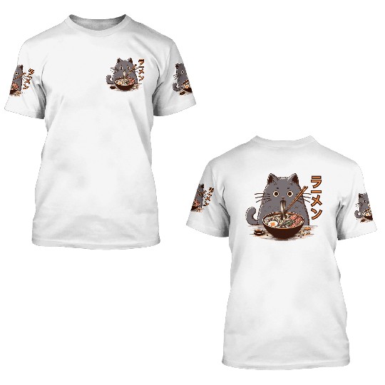 Japanese Cat Eating Ramen 3D T Shirts
