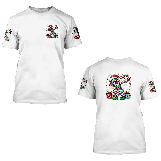 Dabbing Elf with Candy Cane and Presents 3D T Shirts