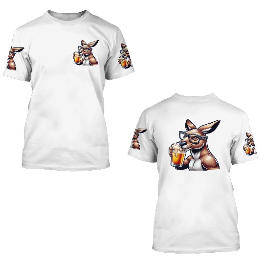 Kangaroo with Glasses Drinking Beer 3D T Shirts