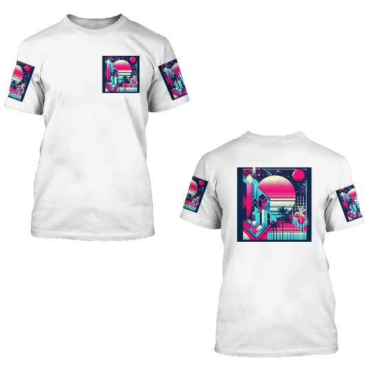 "Retro Neon Cityscape: Geometric Risograph Design" 3D T Shirts