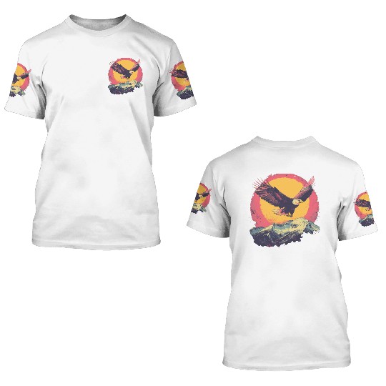 Eagle Flying Over Mountains Retro Art 3D T Shirts