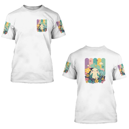 Cute Easter Bunny Surrounded By Flowers 3D T Shirts
