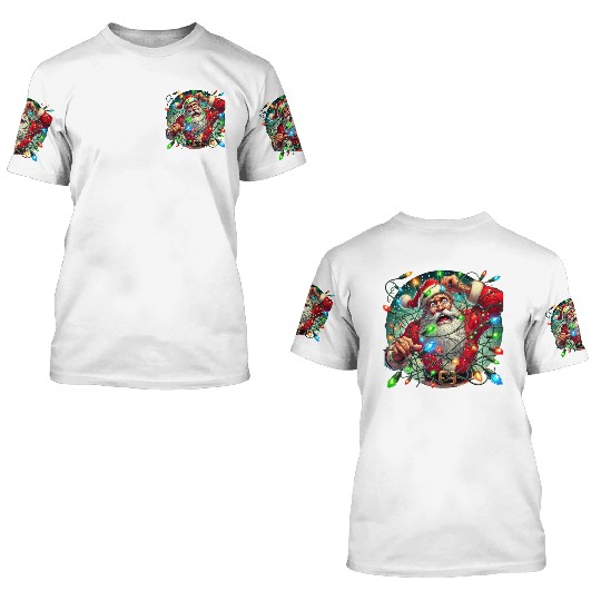 Funny Christmas Santa: Tangled in Lights 3D T Shirts