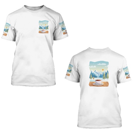 Coffee Cup and Winter Mountain View 3D T Shirts