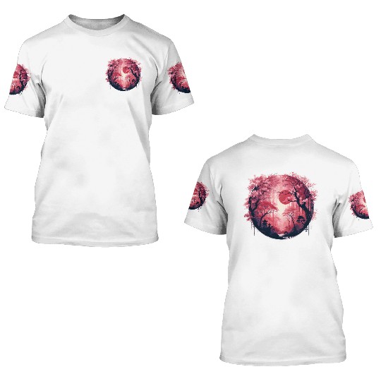 Serene Sakura Under Crimson Sun 3D T Shirts