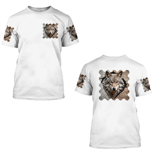 Wolf Emerging Through Stone 3D T Shirts