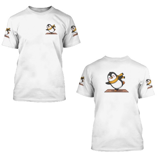 Cute Penguin Doing Yoga with Yellow Scarf 3D T Shirts