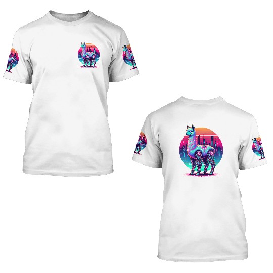 Futuristic Cyber Llama in Neon Cityscape 3D T Shirts