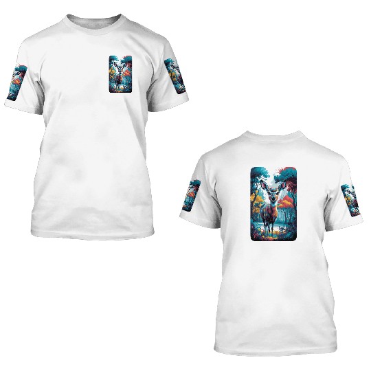 Deer in the forest 7 rounded borders 3D T Shirts