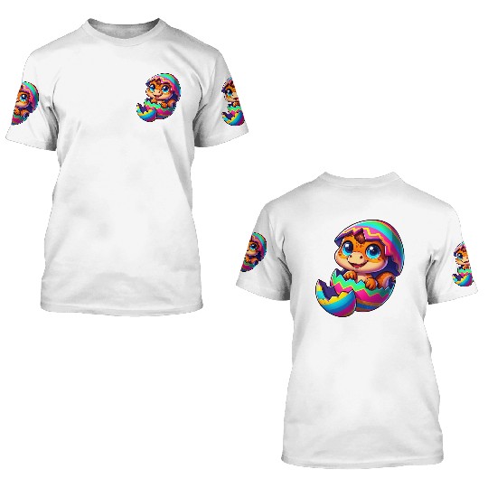 Cute Dino hatching from colorful Easter egg 3D T Shirts