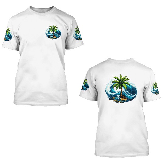 "Palm Serenity Amid Ocean Waves" 3D T Shirts