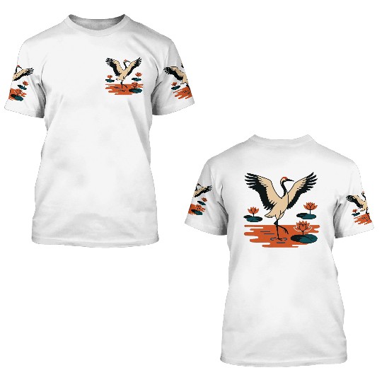 Serene Crane & Lotus Design 3D T Shirts