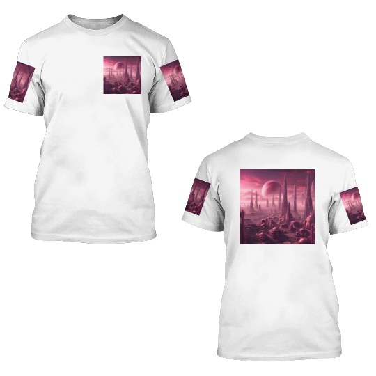 Futuristic Alien Skyline in Pink Hues 3D T Shirts