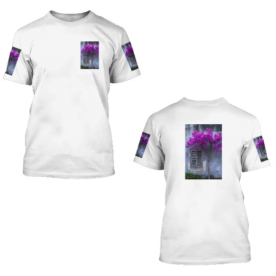 Vibrant Blossom Against Rustic Wall 3D T Shirts