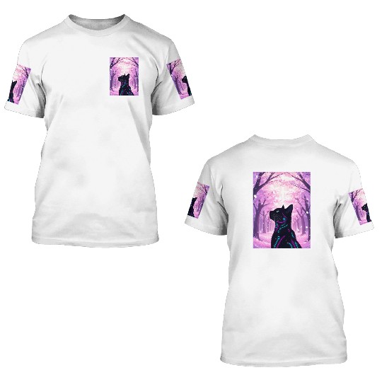 Midnight Cyber Cat | Pink Cherry Blossom Forest 3D T Shirts