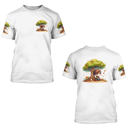 Autumn Serenity Chibi under a Maple Tree 3D T Shirts