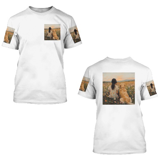 Serene Sunset with Girl and Dog Artwork 3D T Shirts
